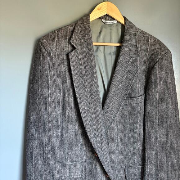 Vintage MAN IN WOOL Men's 44S Grey 100% Wool Tweed Herringbone Blazer Classic - Picture 3 of 13
